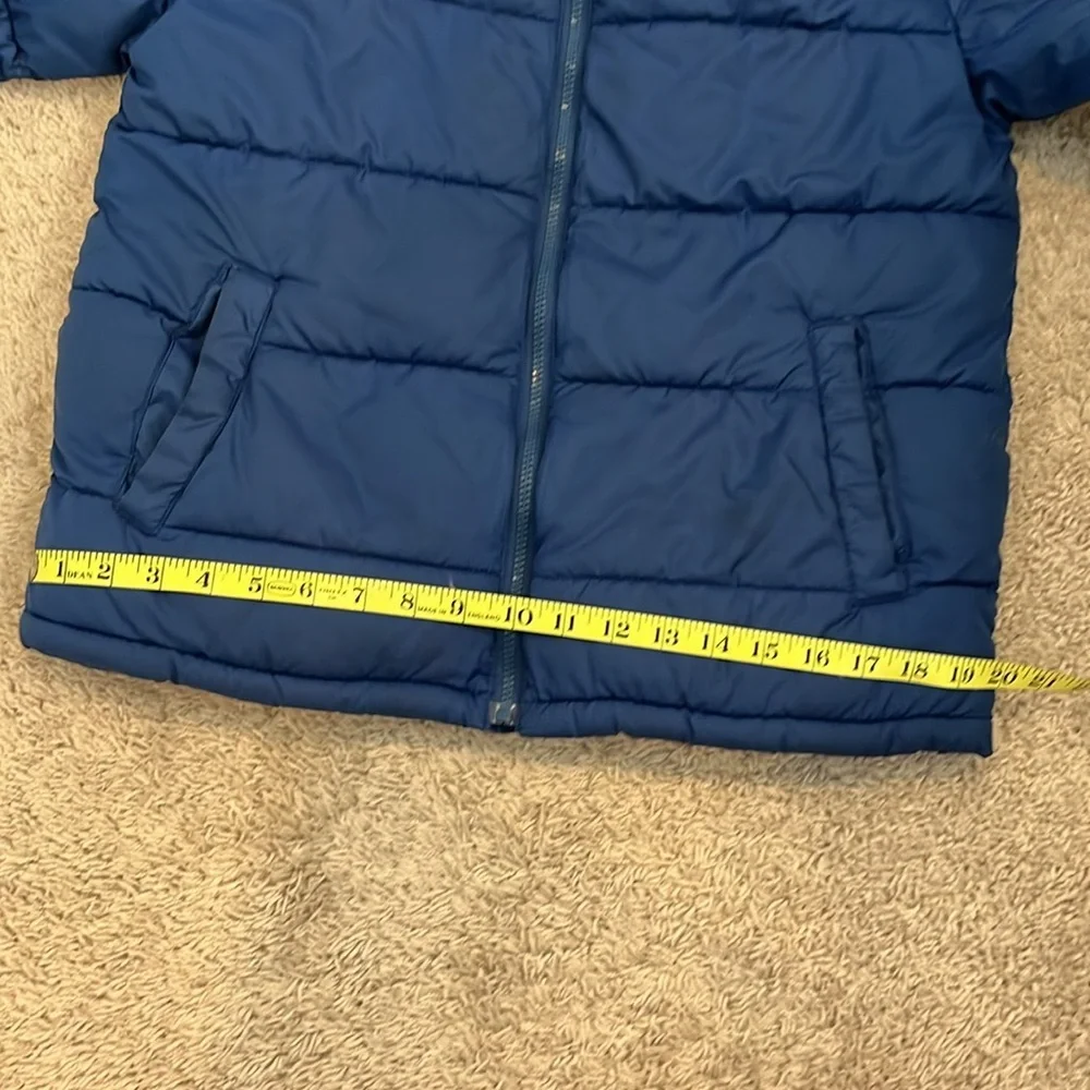 Old Navy SZ L10-12 navy/bla puffer. Zip front w/hood. Adjustable sleeve opening